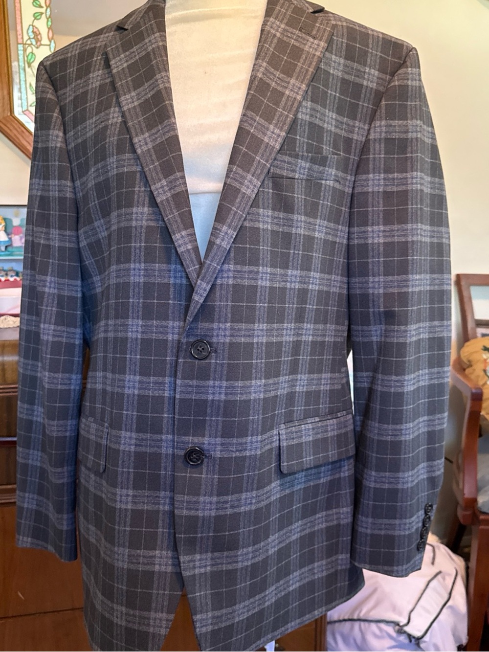 Lauren Ralph Lauren 42r Checkered Plaid Grey Blue Blazer Jacket Coat